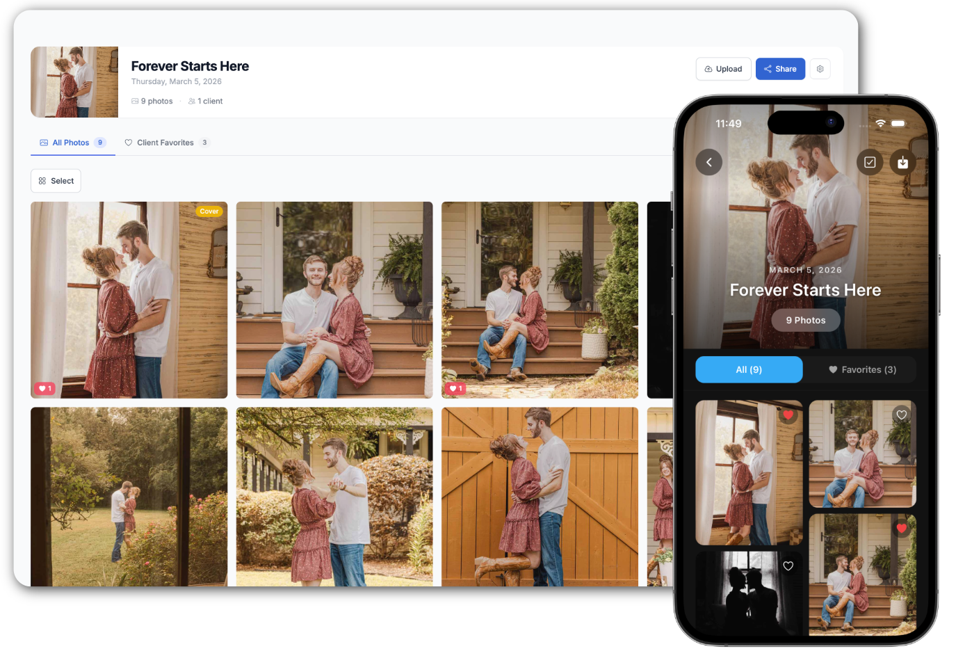 ApertureBook photographer dashboard and client mobile gallery